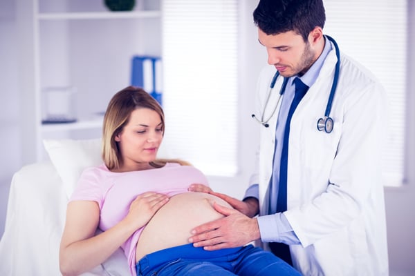 Doctor checking stomach of pregnant patient in medical office